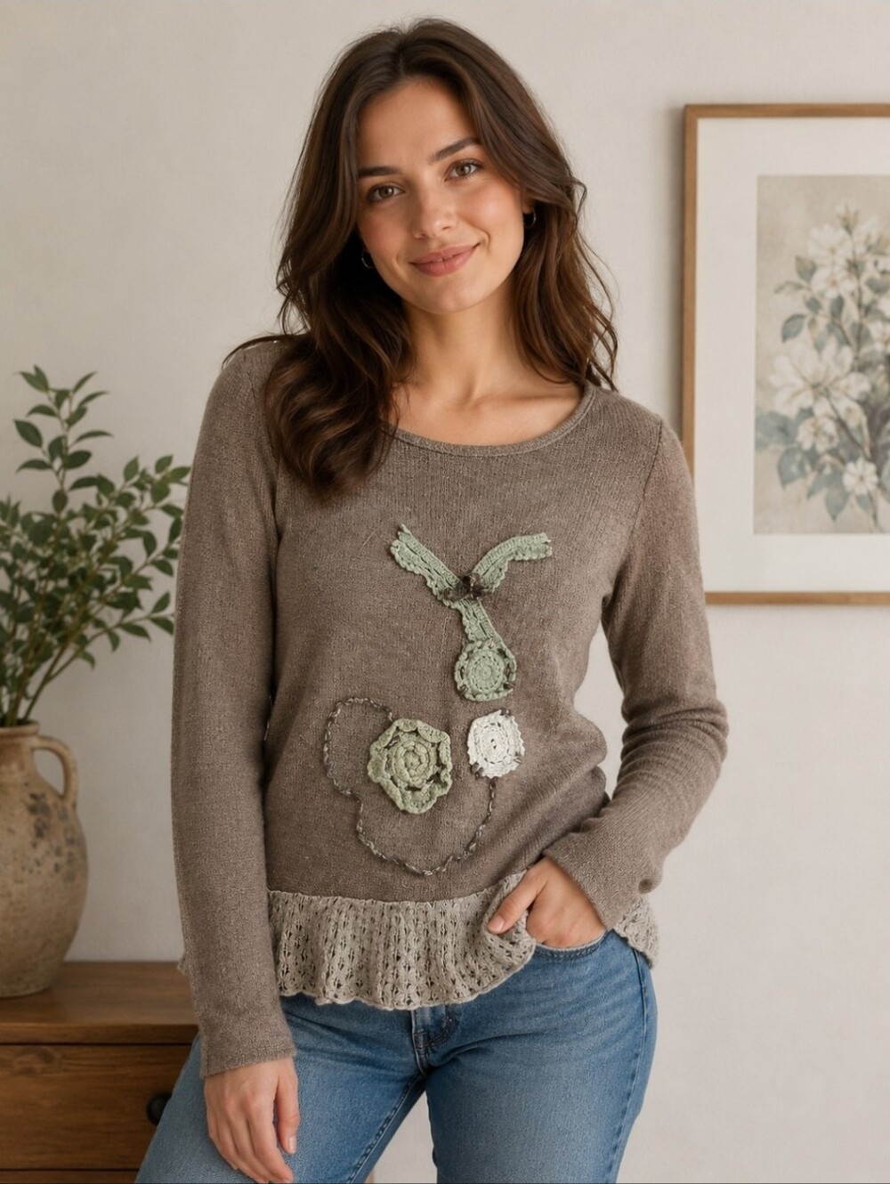 Farinelli Y2K Vintage Artsy Crochet Patchwork Graphic Thermal Lace Trim Size S